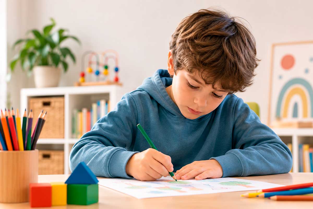 Niño realizando una actividad de dibujo en un entorno tranquilo y adaptado, relacionado con la psicología infantil, la atención temprana y el desarrollo infantojuvenil en Jerez.